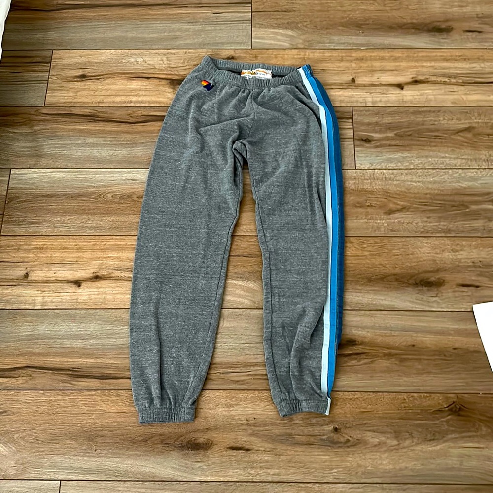 grey aviator nation sweatpants with blue stripes